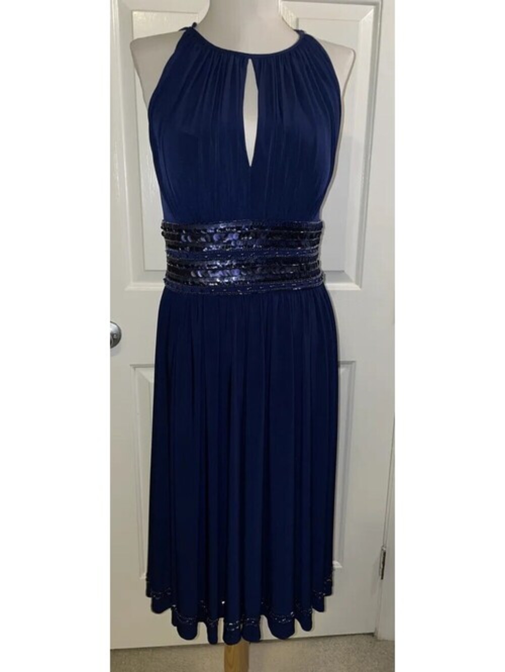 JS Boutique Dress Indigo Blue Size 8 Sexy Keyhole Beaded Waist